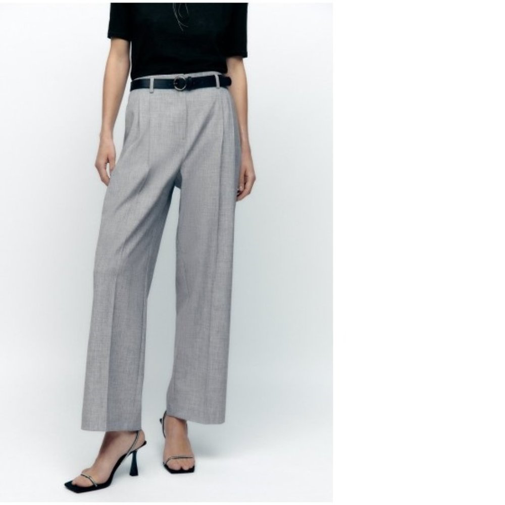 New ZARA Women's Size Small Grey Belted High Waisted Straight Leg Trousers Pants